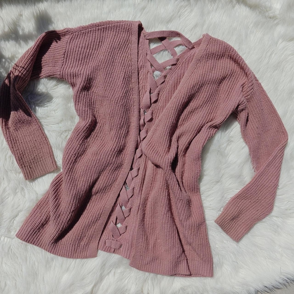 Hippie Rose Mauve Pink Open Front Knit Cardigan with Lattice Back